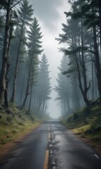 Obraz premium Long solitary road traversing a strange and eerie forest landscape, misty, solitary road, overcast