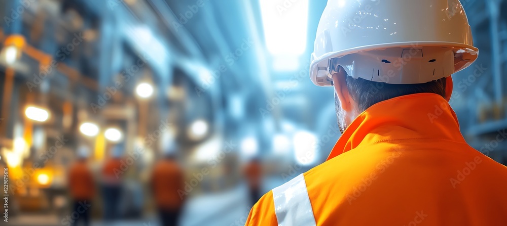 Poster a panoramic shot of a hydro power station. engineers working on machinery. the background is soft an