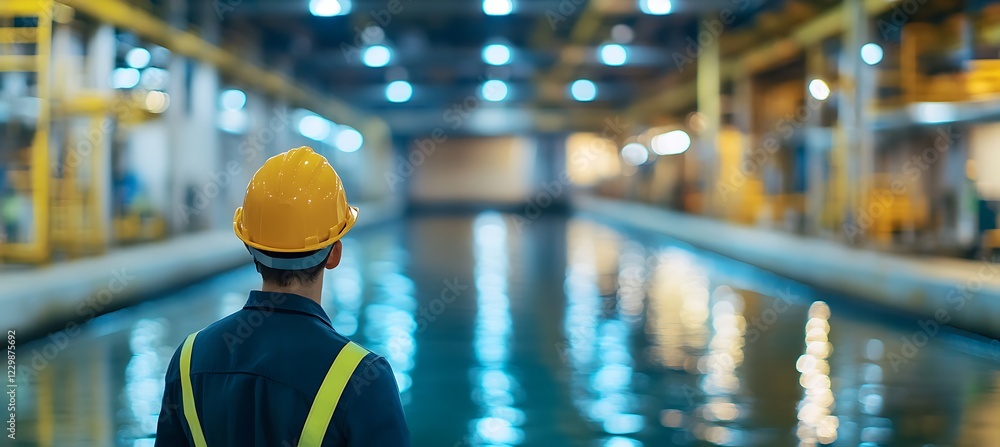 Poster a panoramic shot of a hydro power station. engineers working on machinery. the background is soft an