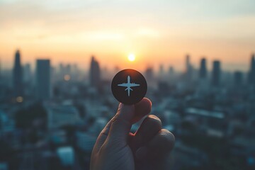 A hand holding a shield with a plane symbol on it against the backdrop of the Bangkok cityscape