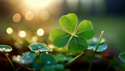 Lucky four-leaf clover with glistening water droplets on fresh green leaves.  
