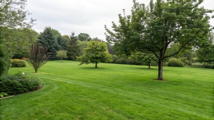 lush green lawn with a few trees scattered throughout, outdoor setting, parkland