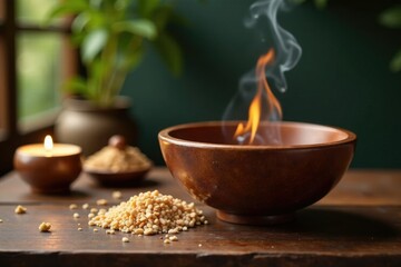 luxurious sandalwood scented oil poured into a censer bowl, fragrance, fireplace