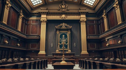 Fototapeta premium Majestic courtroom interior with golden scale of justice and ornate design elements, legal, courtroom, ornate