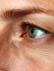 Fototapeta premium Extreme close-up of a green eye with freckles and natural skin texture 