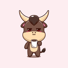 bull mascot cartoon character vector illustration is tired and sleepy holding coffee.