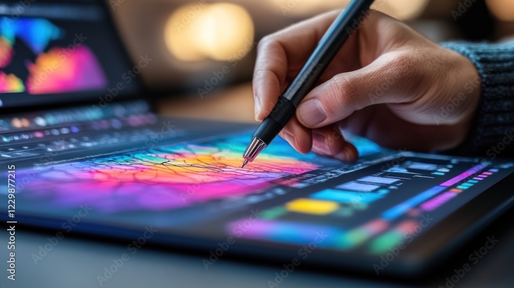 Poster close-up of hand using stylus on graphic tablet to edit colorful world map data.
