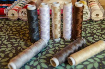 Reels of different coloured thread  on a green floral baackground