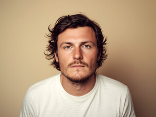 Obraz premium Serious young man with wavy hair wearing white t-shirt looking directly at camera 