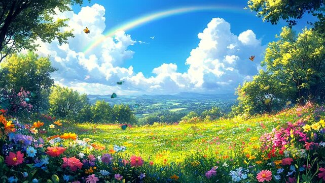 Vivid countryside landscape with rainbow over vibrant flowers seamless looping 4k time-lapse animation video background. 