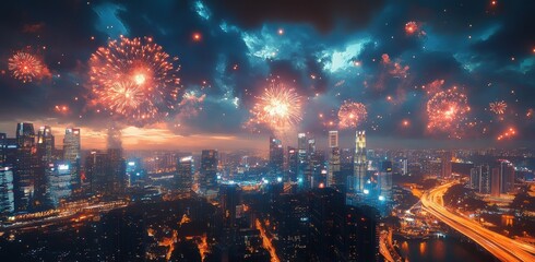 Fototapeta premium Spectacular Night Skyline Over Urban Cityscape with Colorful Fireworks Bursting in Dramatic Clouds at Dusk