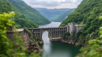 Obraz premium A scenic panoramic shot of a hydro power station with a blurred background, capturing the powerful turbines and flowing water.