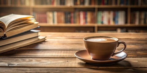 Mocha colored coffee cup sitting on a wooden table surrounded by books and papers, desk, study, old bookshelf, leather chair, brown background