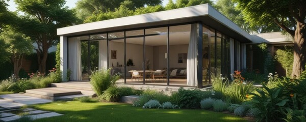 Fototapeta premium Modern home with large windows and a lush garden , view, foliage, garden
