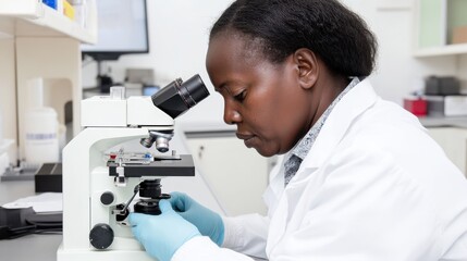 A focused scientist peers through a microscope in a white lab coat and blue gloves, intent on examining scientific samples in a modern laboratory.
