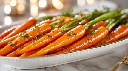 Steaming glazed carrots with a sweet maple glaze, paired with rich Thanksgiving entrees, elegantly set on a farmhouse-style table