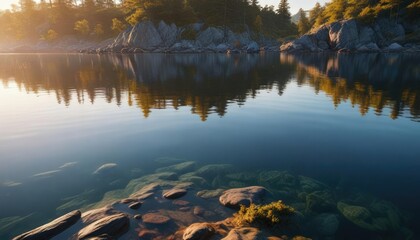 Morning light reflecting off the surface of a small bay's calm waters, bay, reflection