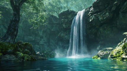 Fototapeta premium Serene Waterfall in Lush Forest