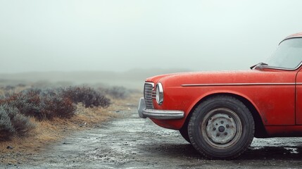 Vibrant red car with a flat tire resting on a dusty roadside surrounded by bushes