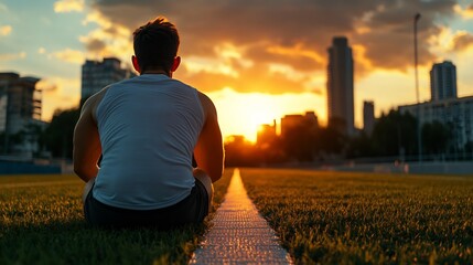 Fototapeta premium Silhouette of a Man at Sunset, Contemplating Urban Landscape
