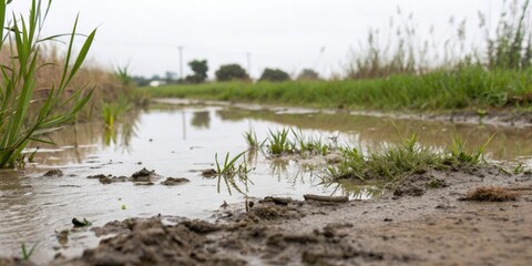 Muddy pool of water with a blur of aquatic plants, fauna, environment, blurring effect, outdoor setting