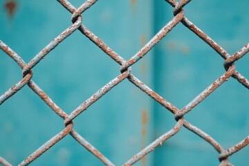 Close-up of a rusty chain-link fence against a teal background.