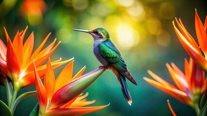 Fototapeta premium Vibrant hummingbird perched on a Strelitzia flower, its iridescent feathers glistening in sunlight, surrounded by lush greenery and vibrant orange blooms, exotic, flowers