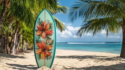 Vibrant floral surfboard standing tall on sandy beach surrounded by palm trees