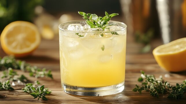 Refreshing lemon thyme cocktail in rocks glass with ice.