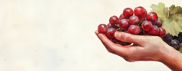 A hand holds a cluster of ripe red grapes against a neutral background, emphasizing the freshness and appeal of the fruit.