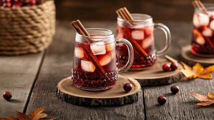 Rustic thanksgiving table setting with hibiscus iced tea in frosted glass pitchers, garnished with cinnamon sticks, surrounded by autumn leaves and cranberries