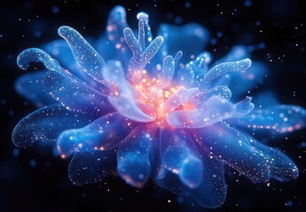 Stunning Abstract Flower in Vibrant Colors with Glowing Particles and Ethereal Glow Against a Dark Background