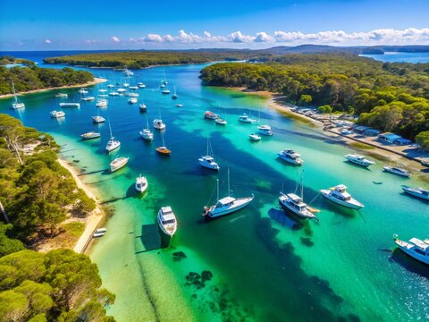 Aerial Drone Shot: Boats & Yachts Moored in Currambene Creek, Huskisson, Jervis Bay, NSW, Australia