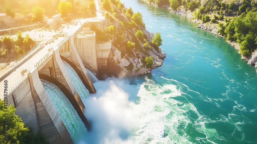 Poster a view of a hydro power station from a distance, with a blurred background that emphasizes the turbi