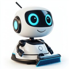 Fototapeta premium small helper robot cleaning a surface with a bright expression, placed on a clean white background