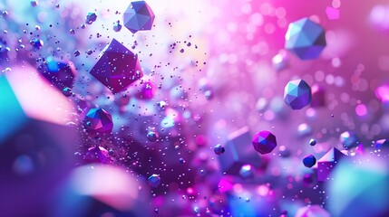 Minimalist 3D design of purple and blue floating objects with glossy and dynamic effects. Great for tech presentations, creative marketing, or posters.