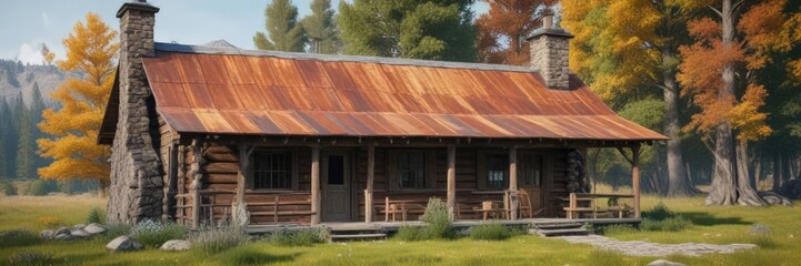 Old wooden cabin with a rusty metal roof and a stone chimney, old, stone