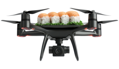A futuristic drone carrying a sushi platter, representing innovative food delivery technology clipart on transparent background