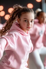 Kids in trendy dancewear practice hip-hop choreography in a modern studio filled with glowing lights and colorful graffiti. Their energy and enthusiasm shine as they improve their skills