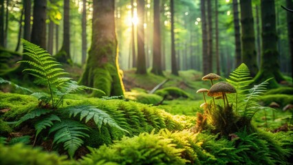 Overgrown green forest floor with ferns mosses and fungi, earthy tones, biotic communities, ecosystem balance, natural habitat
