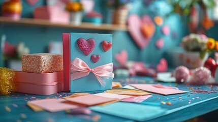 Fototapeta premium handmade valentine’s day cards with colorful paper, ribbons, and glitter on a creative workspace