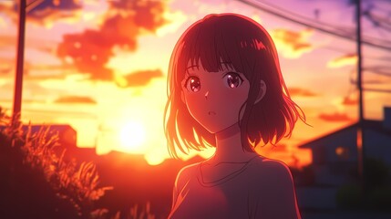 Anime Girl at Sunset: A Moment of Serene Reflection