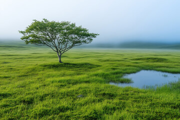 Obraz premium Tree in the meadow with fog in the morning. Natural background.