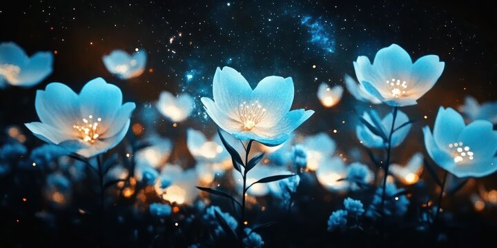 A garden of magical flowers glows softly in the night, their ethereal light creating a dreamy atmosphere ideal for romantic occasions and festivities