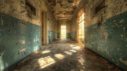 Obraz premium Sunlit Decay: Exploring the Haunting Beauty of an Abandoned Corridor