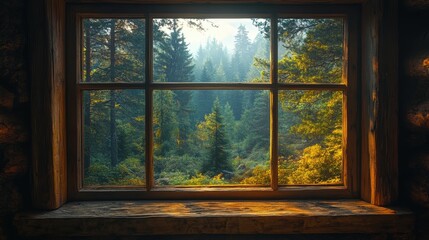 Wooden-framed window offering views of a serene pine forest in soft natural light