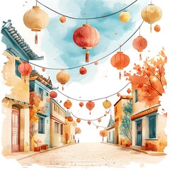 Watercolor Painting of a Charming Asian Street Scene with Lanterns