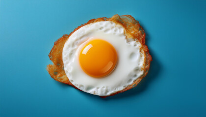 single fried egg with fluffy egg white on blue background