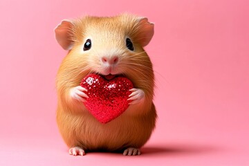 Promotion visual idea art. Guinea pig - my desired animal. Cute guinea pig baby with sparkling rhinestones red heart - sign of love, funny greeting card. Ad concept. Animal friendship ideas.