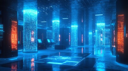 In a sleek setting, luminous pillars radiate vibrant blue and orange hues, illuminating advanced servers and futuristic interfaces in a tech-driven environment, suggesting innovation and progress